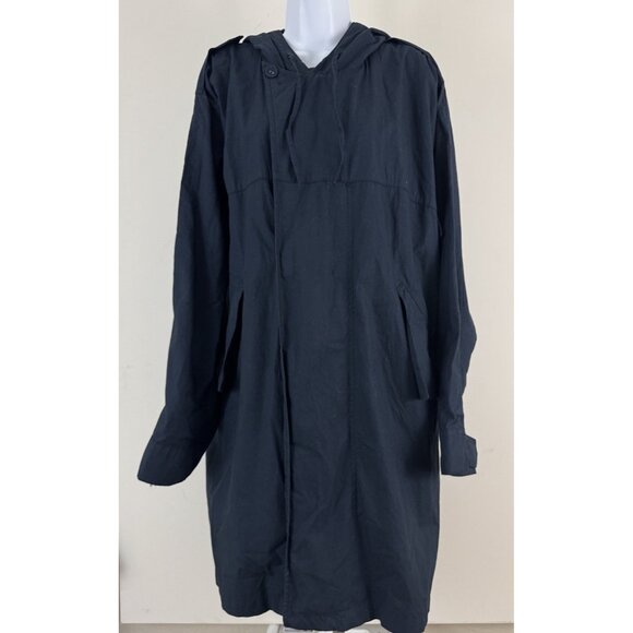 WHYRED Navy Cotton Hooded 3/4 Length Trench Coat Zip Close Sz 50 Women's XL - Picture 1 of 10